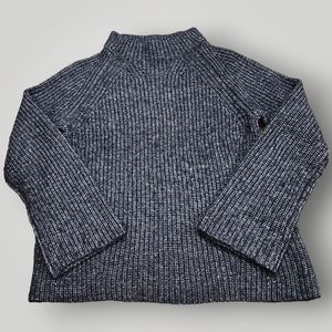 Ann Taylor Women's S Navy Blue White Marled Ribbed- Knit Mock Neck Sweater